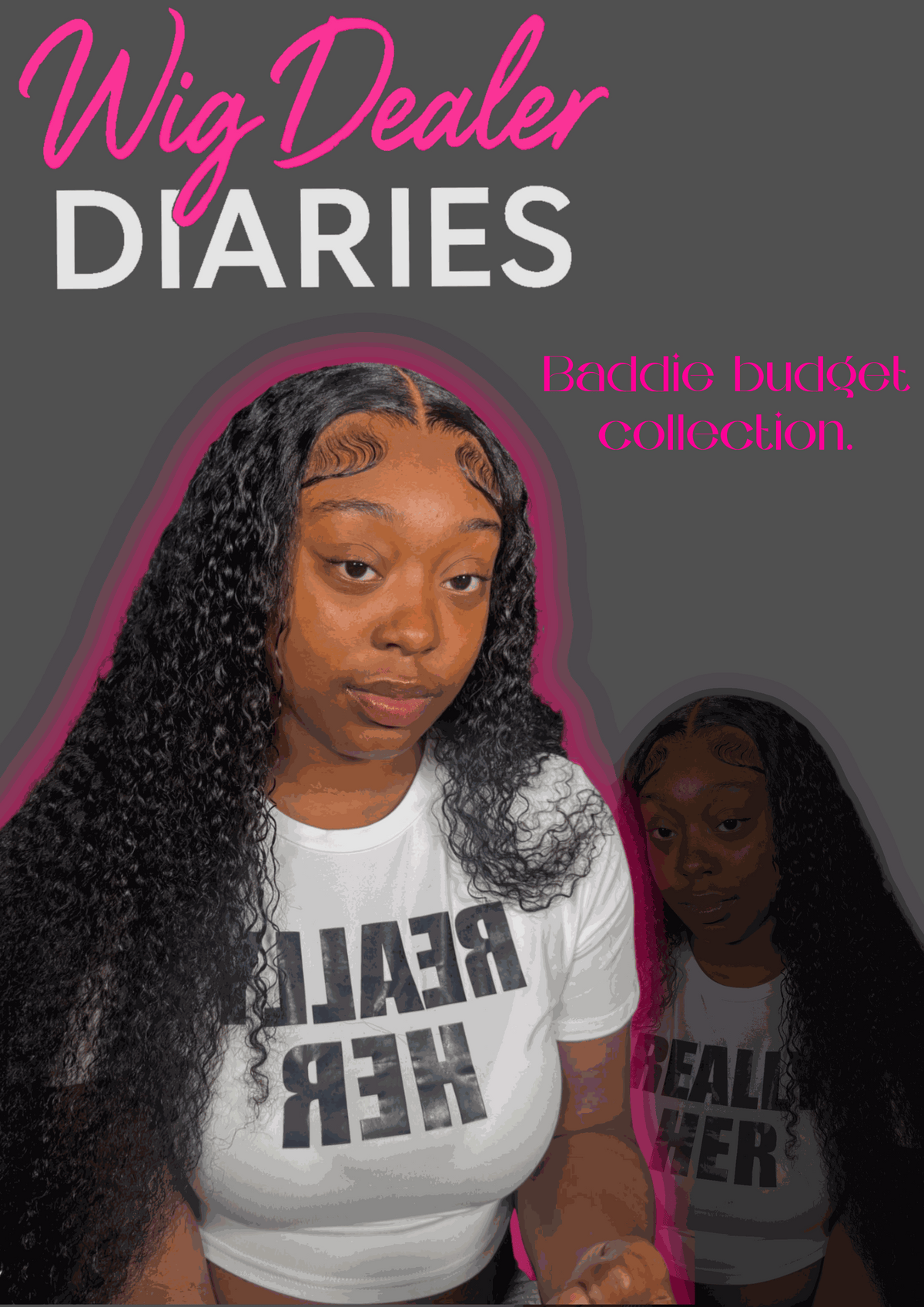 Baddie-Budget Collection wig featuring long black curly hair, a defined wavy hairline, and full volume on a model.