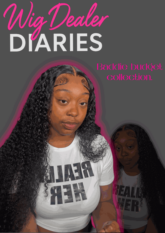 Baddie-Budget Collection wig featuring long black curly hair, a defined wavy hairline, and full volume on a model.